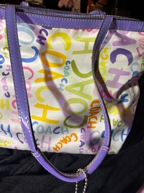 COACH Multicolor Signature Print Tote with Lavender Trim excellent cond